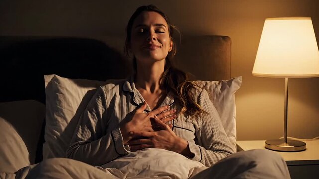 Serene young woman wearing striped pajamas sits comfortably in bed, practicing mindful breathing with hands over her heart near a glowing bedside lamp.