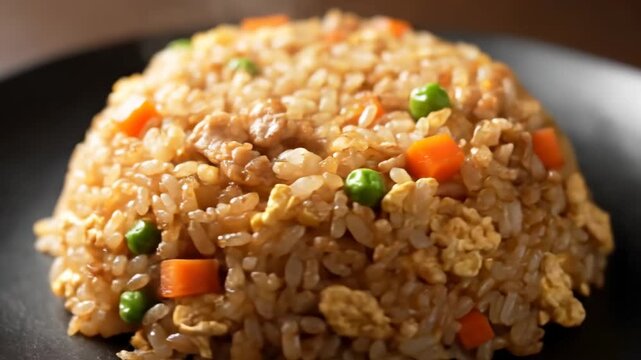 Close-up shot of delicious golden fried rice piled high on a dark plate, prepared with scrambled egg, diced carrots, and green peas for an appetizing meal.