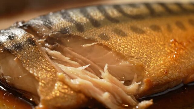 Macro Shot of Perfectly Grilled Mackerel (Saba) Fillet with Glistening, Crispy Skin Resting in a Rich Teriyaki Glaze. Gourmet Japanese Seafood Dish.