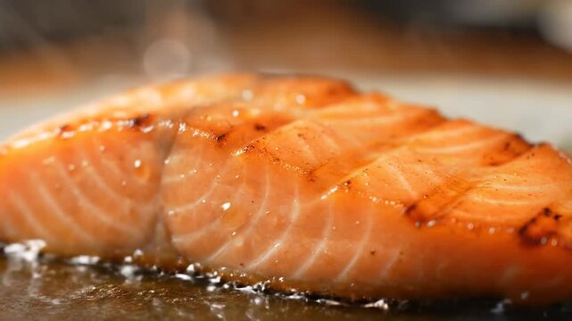 Close-up shot of a juicy salmon fillet searing on a hot frying pan or grill, glistening with oil and steaming during the cooking process, symbolizing healthy cuisine and fresh seafood preparation.