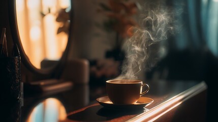 Obraz premium Steaming Coffee Cup on Table.