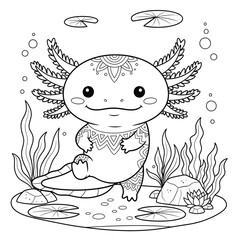 Fototapeta premium Smiling axolotl standing near rocks and water lilies in peaceful pond environment drawing