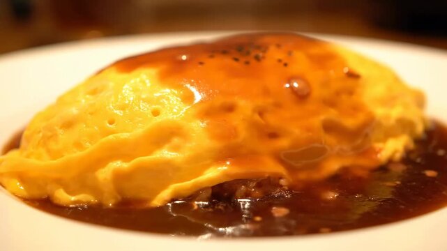 Delicious Japanese Omurice, featuring fluffy scrambled egg served over fried rice and covered with thick, savory demi-glace sauce on a white dinner plate.