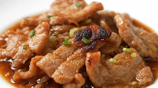 Delicious close-up of glazed pork or chicken slices served over white rice, soaked in savory brown sauce and garnished with fresh green onions.