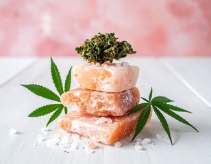 Stack of pink salt blocks topped with cannabis and hemp leaves on white wood table