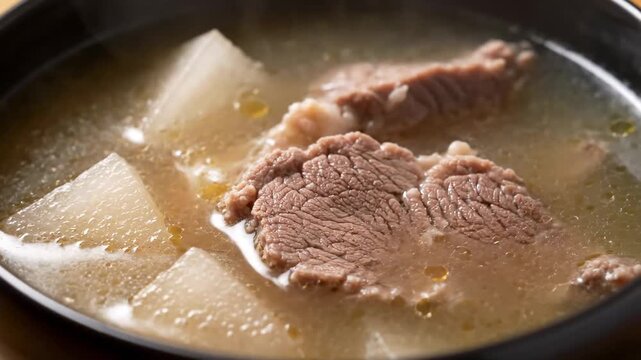 Close-up of hot beef and daikon radish soup or stew served in a dark ceramic bowl, featuring tender meat slices and clear nourishing broth, traditional Asian comfort food dish.