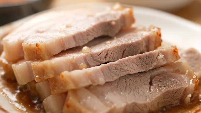 Traditional Korean Bossam: Close-up of savory sliced boiled pork belly served on a white plate, glistening with rich sauce, ready to eat.