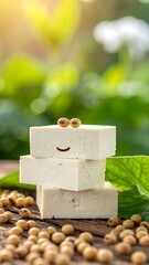 Stack of tofu cubes with a drawn smile and soybeans, sitting on wooden surface in bright light