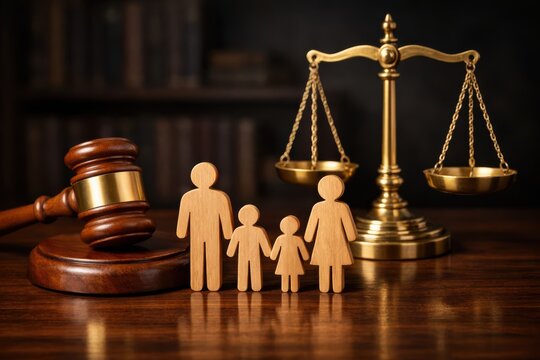 Legal Family: Depicting a wooden family figurine standing before a gavel and scale balance, symbolizing the essence of legal support and family. The background features law books.