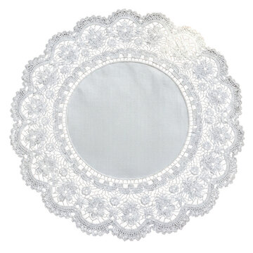 Elegant white lace doily with a solid center and intricate scalloped border isolated on transparent background