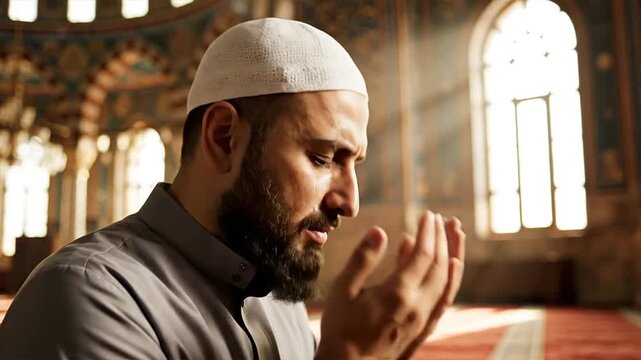 Muslim man praying inside a mosque with sunlight streaming in.