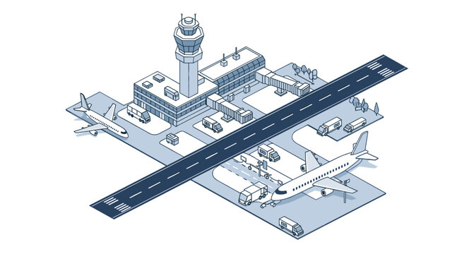 Isometric Airport Illustration with Airplanes, Terminal, and Control Tower.
