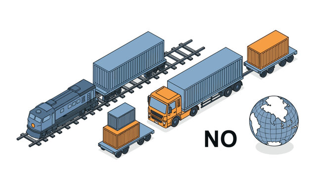 Isometric illustration of global logistics and transportation network.