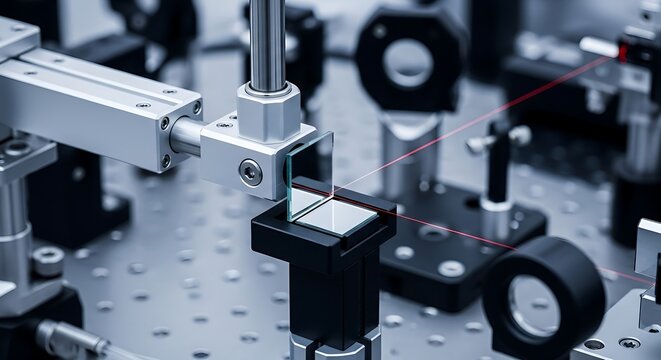 Laser beam splitting in optical experiment with prism and mirrors on a lab table