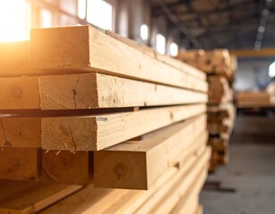 Stacked lumber beams in an industrial warehouse, bathed in warm sunlight
