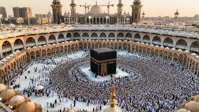 Pilgrims circumambulating the Kaaba in Mecca, Saudi Arabia, during the Hajj pilgrimage, a sacred Islamic ritual.