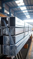 Stacked metal square pipes tied together in an industrial setting, blurred background