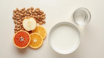 A top-down view of ingredients for a healthy smoothie, including almonds, apple slices, citrus fruits, milk, and water.