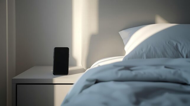 A smartphone sits on a nightstand next to a neatly made bed, bathed in the warm glow of morning sunlight.