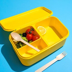 Open, yellow lunchbox on blue holds veggies, lemon, spoon & fork beside it under bright, directional light