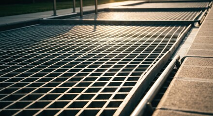 Fototapeta premium A close-up angled view of a metallic grate with sunlit squares, near a stone border