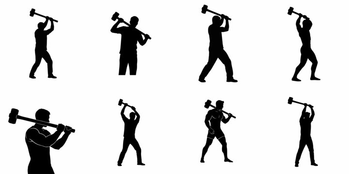 Collection of black silhouettes featuring men wielding large sledgehammers in various action poses related to construction, labor, strength training, or demolition.