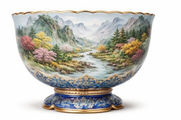 Ornate ceramic punch bowl with detailed mountain river landscape painting, gold accents