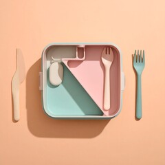 Organized, color-blocked bento box with utensils on a peach background. Clean, simple, flat lay composition