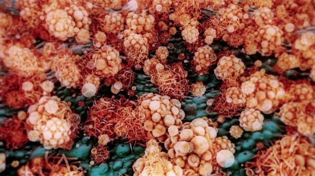 High resolution microscopic view of monkeypox virus cells, showing detailed viral structure and texture in a scientific medical illustration background.