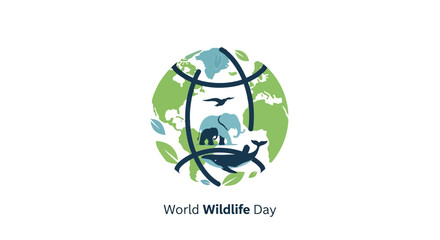Flat minimalist illustration of a globe with various animals, representing World Wildlife Day and conservation concept, with a corporate and educational theme. © Jangkrik