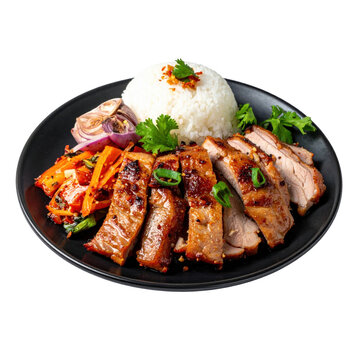 Juicy and tender inihaw na baboy, perfectly charred filipino pork barbecue on sticks, beautifully captured and isolated on a clean white background