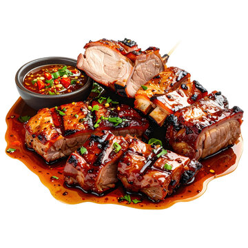 Authentic inihaw na baboy, highlighting the simple yet flavorful marinade of soy and citrus on grilled pork, neatly arranged and isolated on white background