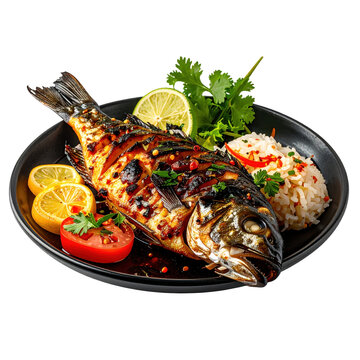Traditional filipino inihaw na isda, a healthy and flavorful grilled whole fish, beautifully styled on a plate and isolated on a pure white background