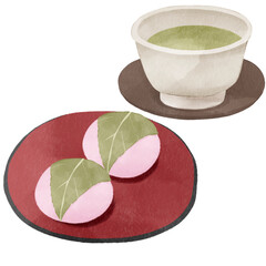 水彩風の桜餅｜春の和菓子・道明寺・長命寺・花見・ひな祭り