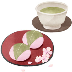 水彩風の桜餅｜春の和菓子・道明寺・長命寺・花見・ひな祭り