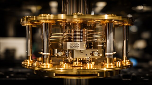 Close view of a gold-colored quantum computer component in a lab setting during day hours