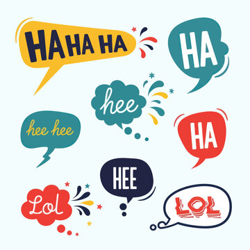 Collection of colorful speech bubbles expressing laughter and amusement.