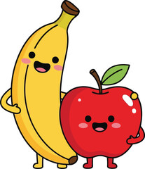 Obraz premium Cute cartoon banana and red apple characters smiling together