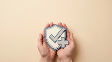 health insurance, protection, medical, shield, healthcare, security, safety concept showing hands holding a paper cutout symbols on a beige background for commercial medical coverage.