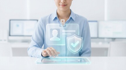 Identity verification, cybersecurity, digital id, data protection, authentication, biometrics, privacy. Professional woman using futuristic holographic interface for secure access.