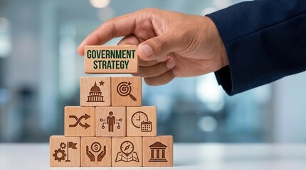government strategy administration policy governance leadership planning concept with businessman hand building a wooden block pyramid on office background for public sector development.