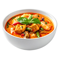 Fototapeta premium Top-down view of a bowl of massaman curry, an aerial shot displaying all its hearty ingredients, isolated on a white background