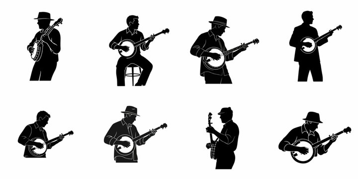 Eight stylized black vector silhouettes of male musicians playing the banjo in various positions, ideal for music and entertainment themes.