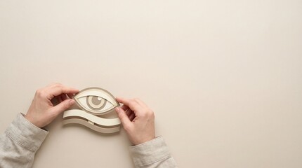 eye vision paper craft observation hands minimalist insight conceptual illustration of human hands holding a handcrafted eye symbol on a beige background with copy space