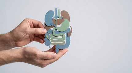 digestive system, organs, anatomy, healthcare, medicine, human body, paper art concept held by hands for medical health awareness, organ donation, and gastroenterology education.