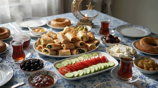 turkish breakfast spread with simit olives cucumber tomato cheese tea on tablecloth
