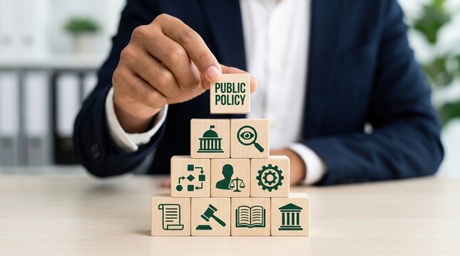 Public Policy, Governance, Law, Regulation, Government, Legislation, Strategy concept with businessman stacking wooden blocks to represent building a social framework for society.