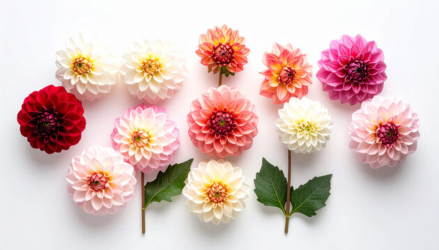 Vibrant 333 flowers bloom in 47 garden with diverse colorful dahlias and leaves on white