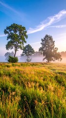 Obraz premium Sunny meadow glows with golden light on tall grass; trees stand proud amidst the morning mist under soft blue sky
