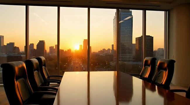 Empty modern conference room with large table and chairs overlooking city skyline at sunset, perfect for corporate meetings and business strategy.. 4k slow motion